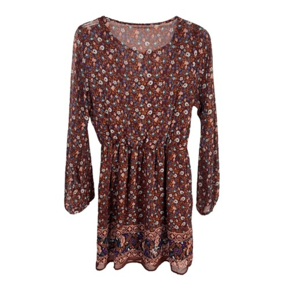 Mudd Medium Womens Floral Long Sleeve Burgundy Tunic‎ Mini Dress Bohemian Chic - Picture 6 of 9